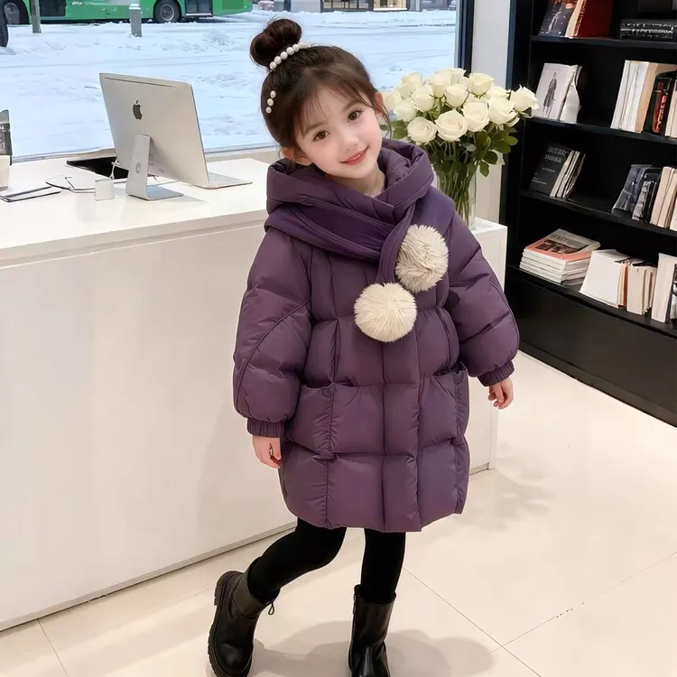 女童2025新款韩版加厚棉服冬季连帽毛球装饰保暖外套洋气时尚