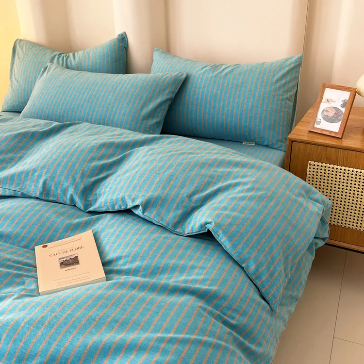 AA版全棉色织水洗棉纯棉四件套日式简约条纹1.5米1.8床笠款套件