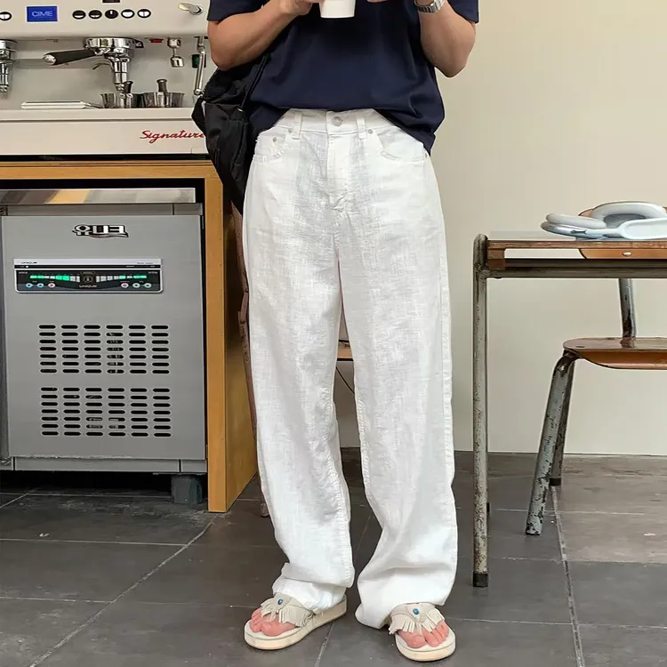 白色亚麻宽松透气休闲裤夏季薄款潮流INS慵懒风九分裤男款夏季