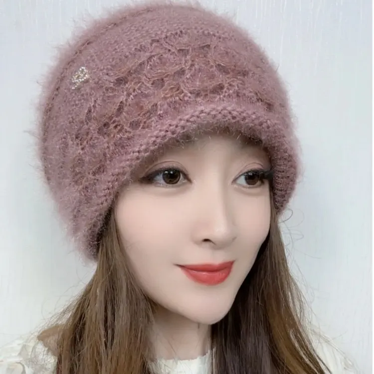 冬季新款双层针织镂空花松鼠绒保暖小卷边堆堆护耳包头女士帽子