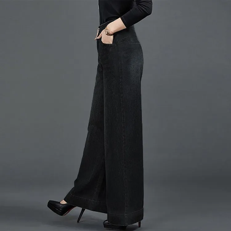 2025秋冬加绒高档黑色牛仔裤高腰阔腿长裤大码宽松显瘦直筒裤百搭