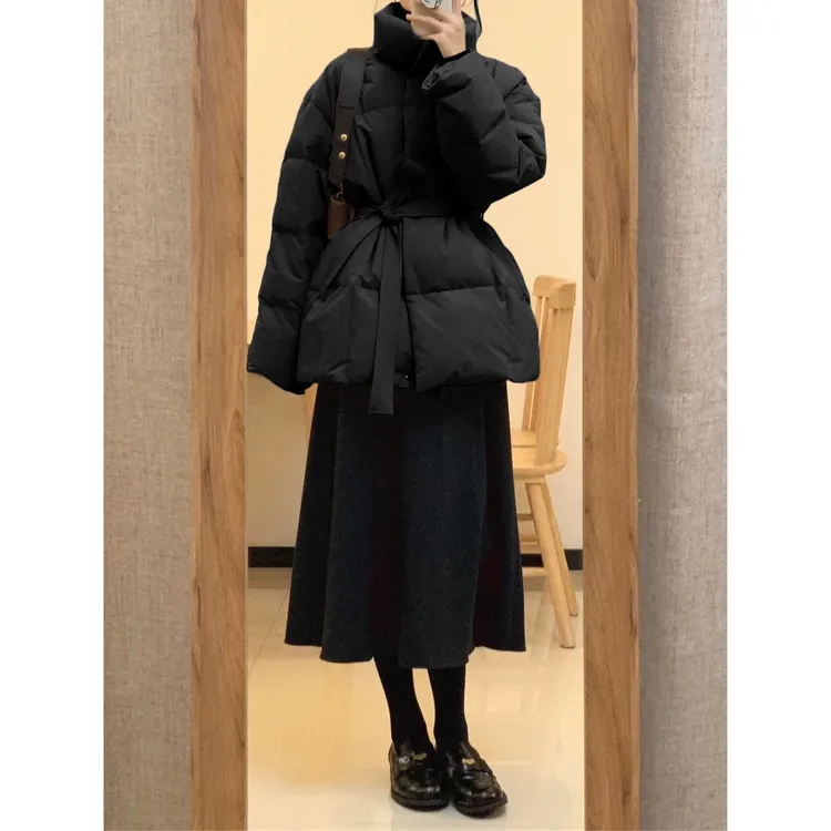 黑色立领收腰中长款在逃公主棉服女2025年冬季新款小个子棉衣外套