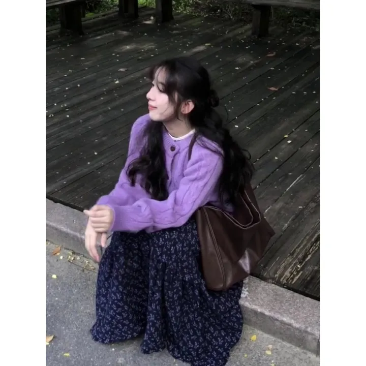 parkyeon法式温柔风紫色长袖针织开衫秋冬新款温柔碎花半身裙套装