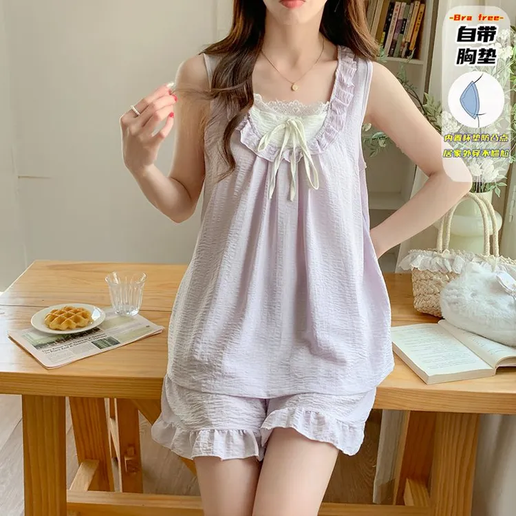 带胸垫女士夏季天2025新款背心睡衣甜美风纯色家居服云朵棉睡裙