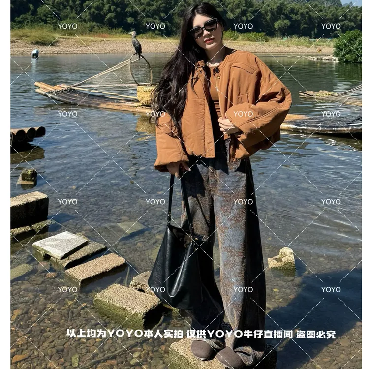 YOYO自制1【织绒牛仔】加绒加厚时尚设计感复古水洗牛仔阔腿拖地裤