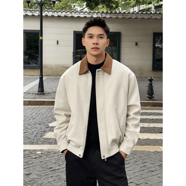 复古巴恩风「绒面肌理感」秋冬拼色翻领夹棉保暖哈灵顿男士夹克外套