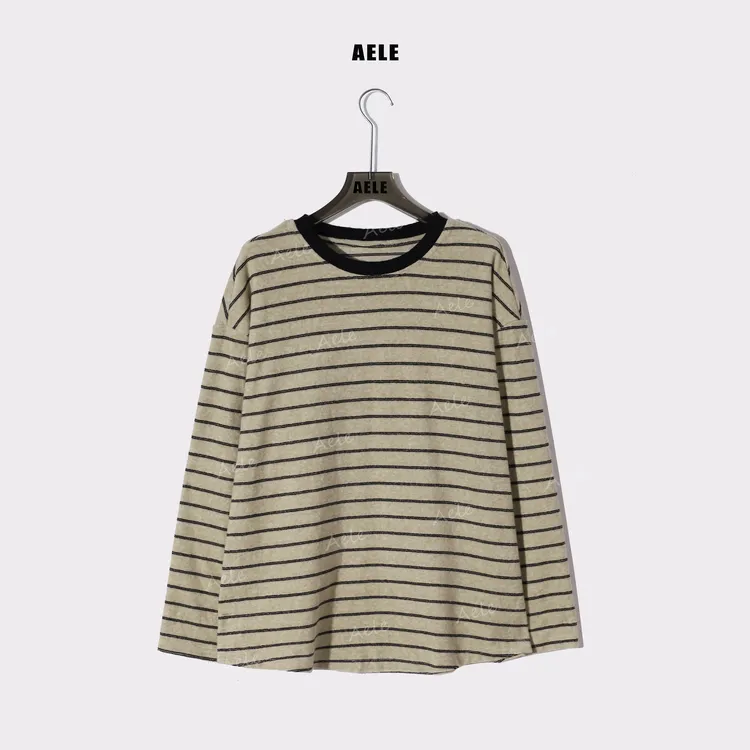 AELE常规女长袖圆领拼接撞色套头衫条纹时尚T恤 T855 3899 AD
