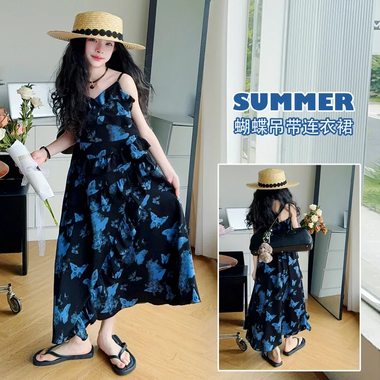 女童连衣裙夏装2025新款洋气大童女孩公主裙儿童夏季蝴蝶吊带裙子