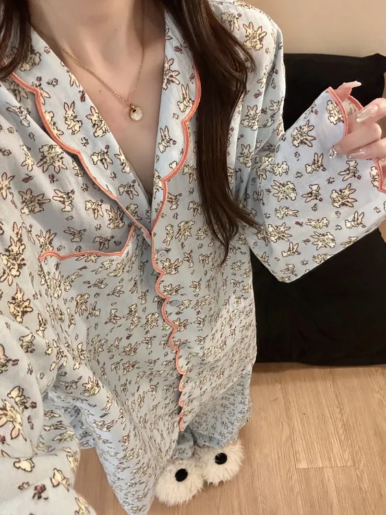 甜美少女卡通印花翻领长袖睡衣女春秋季新款家居服大码长裤两件套