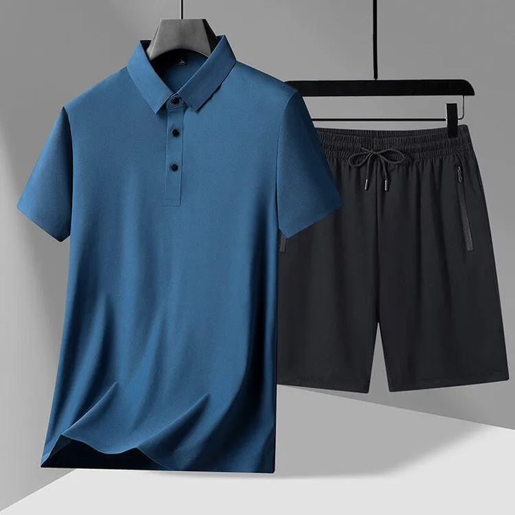 男士夏季时尚休闲无痕弹力翻领TOLO半袖T恤散口短裤短袖冰丝