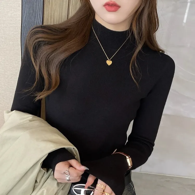 羊绒桑蚕丝半高领纯色针织衫女秋冬新款修身显瘦长袖内搭百搭洋气