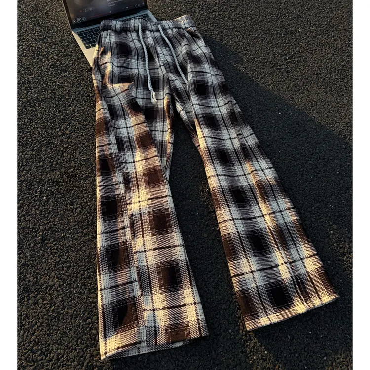vintage黑白格子裤秋冬男款重磅雪尼尔加厚阔腿裤美式复古休闲裤