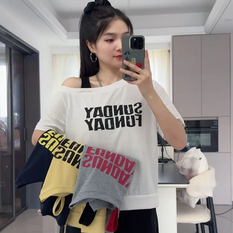 【小木南】胖夏季新款设计感时尚百搭宽松漏肩款雪花棉短袖T恤7959