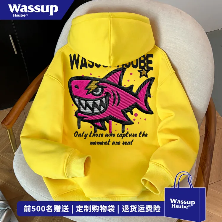 WASSUP HSUBE高街趣味鲨鱼印花连帽卫衣男女秋冬季潮牌无口袋上衣