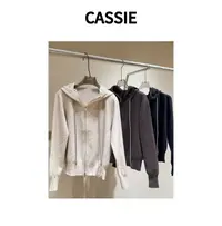 CASSIE2025秋冬韩系休闲简约百搭双拉链连帽针织开衫