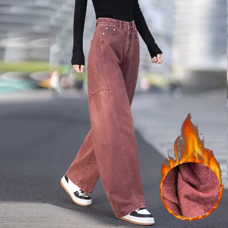 复古红色牛仔裤女2025炸街潮款裤子女士新款美式宽松秋冬季弯刀裤