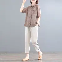 YS棉麻套装女夏中国风文艺复古大码宽松显瘦两件套薄款洋气妈妈套