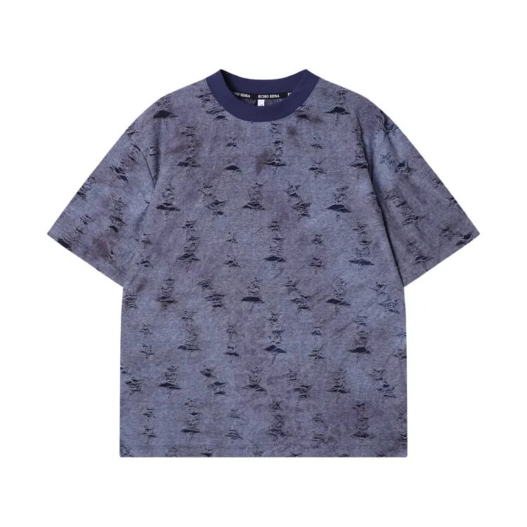 夏季高级感新款美式扎染星星磨破星星圆领短袖T恤痞帅嘻哈上衣