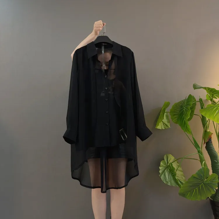 时尚胖MM大码宽松显瘦透视款中长款衬衫上衣雪纺衫