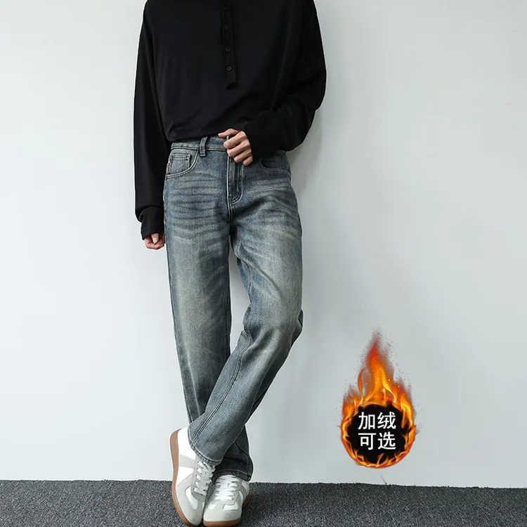 秋冬男款美式复古高街加绒加厚牛仔裤水洗做旧蓝色弹力宽松直筒裤