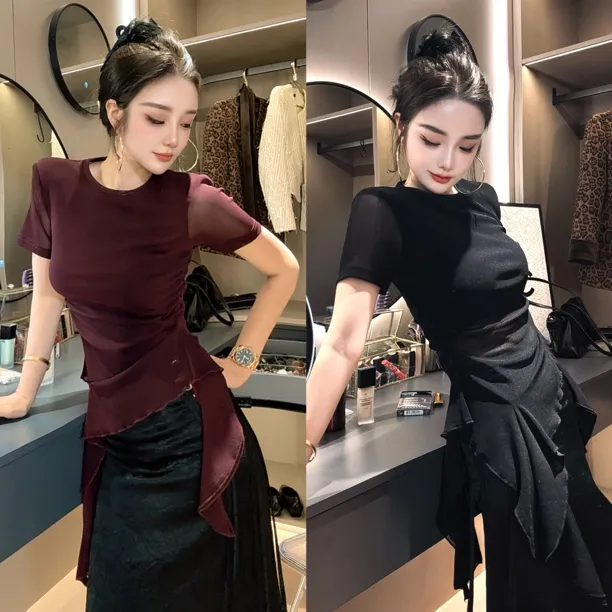 莎火火-原创新款修身显瘦下摆荷叶边冰丝短袖不规则短袖体恤3016