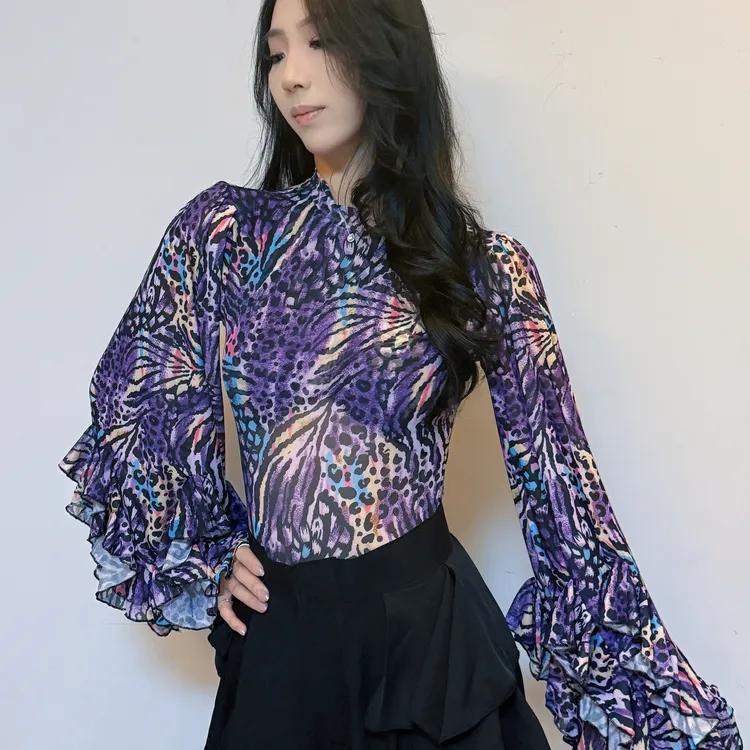 Laila摩登舞服新款上衣《富雅香榭》紫豹纹舒适秋冬网纱摩登练习服