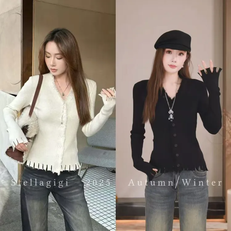 SG / 杨依姗 AW侧扣不规则毛边V领时尚百搭针织开衫MY-20252509