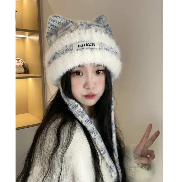 猫耳毛绒针织帽女秋冬保暖护耳帽显脸小甜美大头围彩色百搭毛线帽