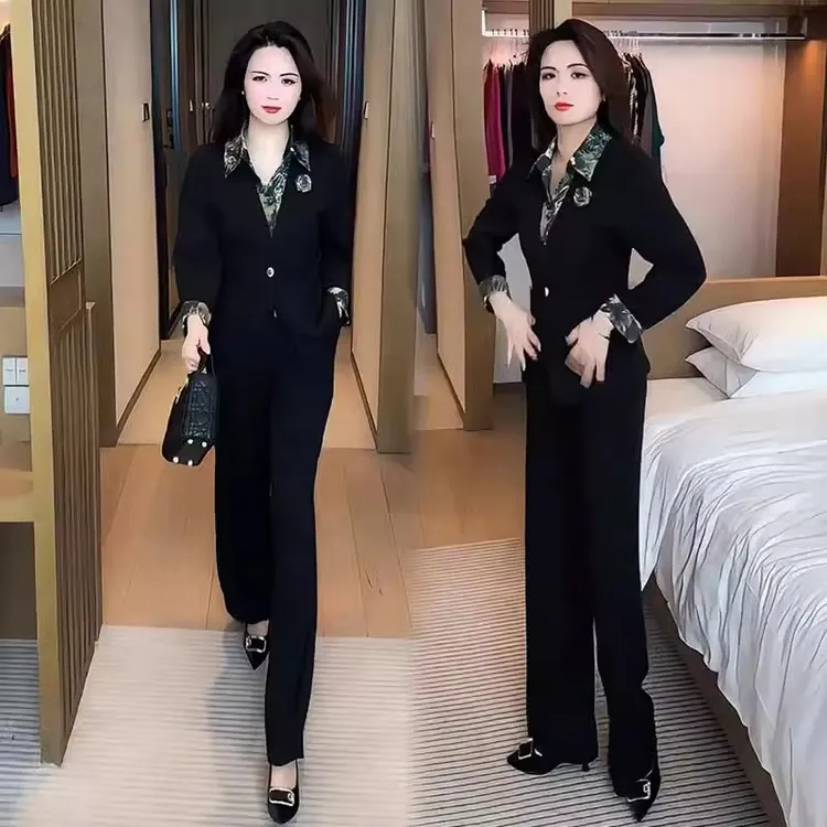 时尚洋气质套装女2025春季新款设计感小众假两件外套阔腿裤两件套