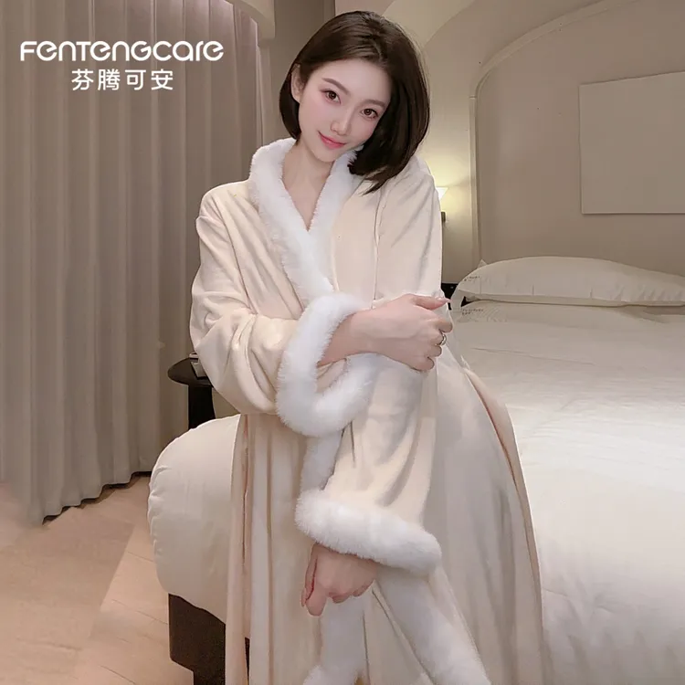 芬腾可安海岛绒睡袍女长款加绒保暖秋冬睡裙法式高级气质显瘦轻奢