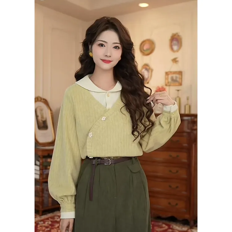 LIJIUJIU【松风裹黄】秋冬气质长袖百搭复古显瘦针织衬衫YX2510193