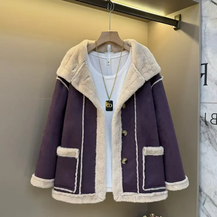 2025冬欧货洋气时尚保暖短款翻领百搭拼色洋气胖mm气质外套8737