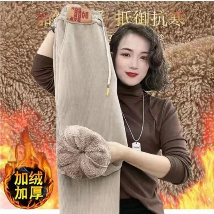 大码灯芯绒加厚休闲裤子女秋冬新款女士加绒裤子束脚休闲哈伦女裤
