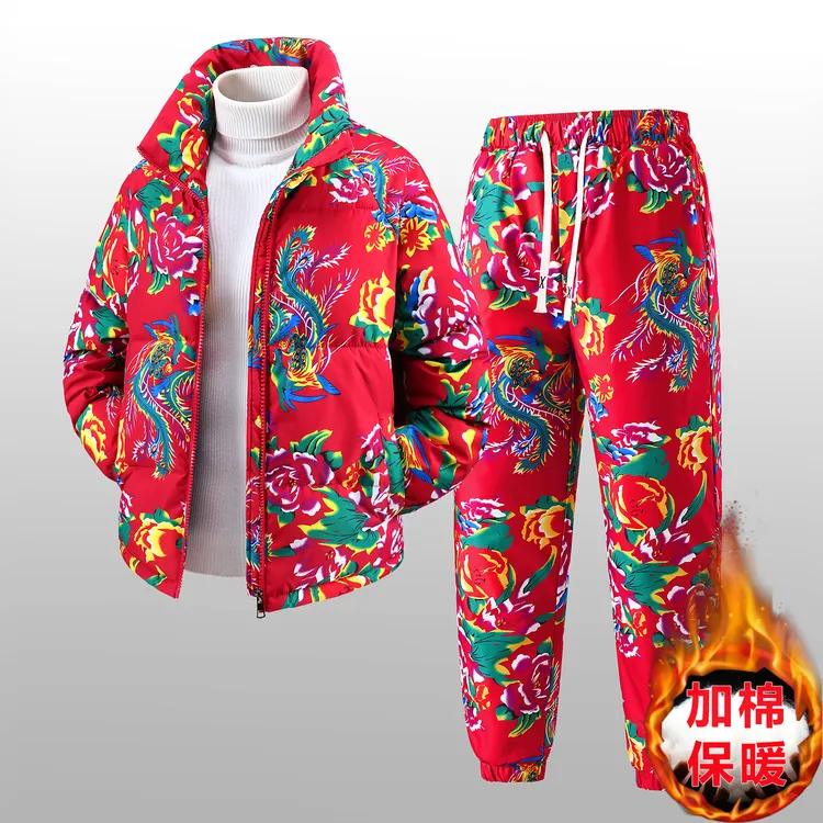 东北大花袄过年情侣套装男冬季棉衣裤外套复古牡丹花大码女棉服