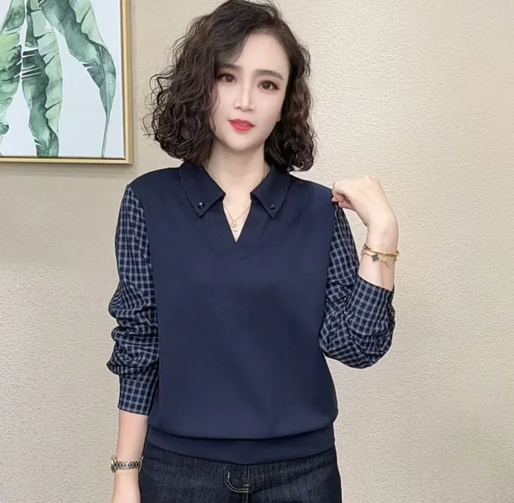 时尚百搭洋气显瘦复古减龄格子飘带拼接气质长袖秋季休闲#874691
