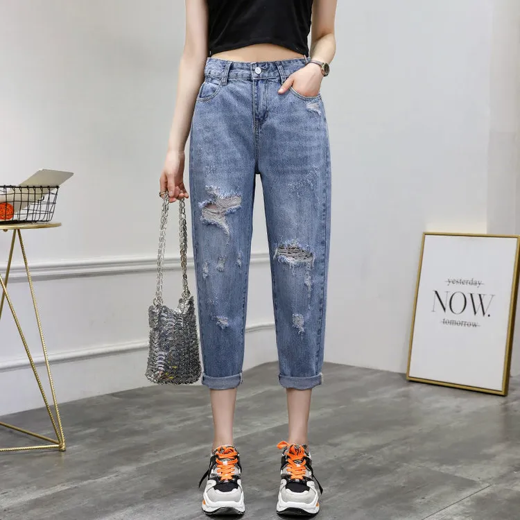 夏季薄款高腰破洞女士牛仔裤女款老爹哈伦裤宽松显瘦直筒九分裤子