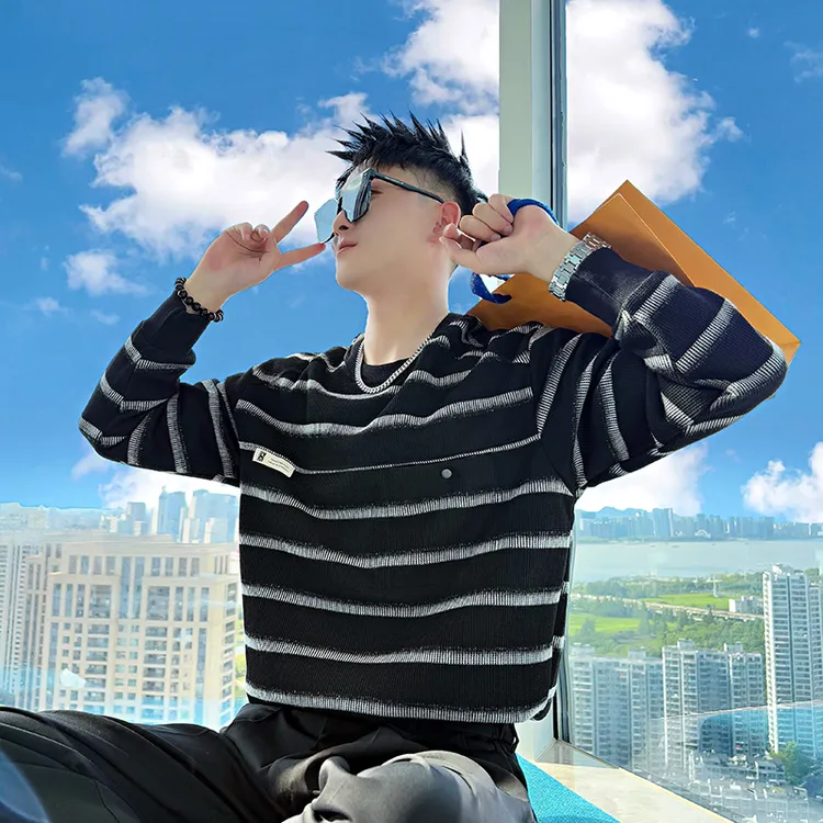 男士卫衣春秋2025新款条纹圆领长袖打底秋季男装痞帅上衣男生外套
