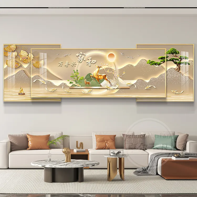 客厅轻奢三联现代叠加装饰画大气山水晶瓷镶钻简约客厅背景墙挂画