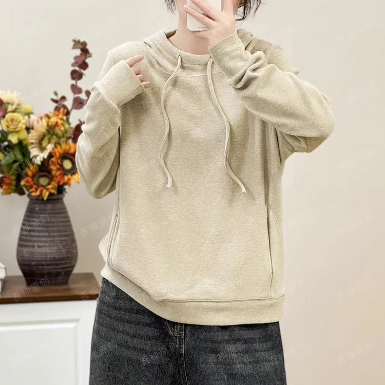 文艺侧口袋连帽卫衣女2025冬季新款宽松休闲百搭德绒套头打底上衣