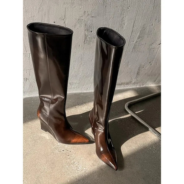 F女孩尖头磨楔形高筒靴秋冬新款漆皮拖鞋高跟鞋大腿女骑士靴长筒