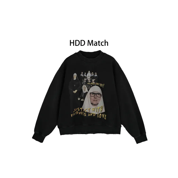 HDD- "修女卫衣" 女款做旧复古水洗印花宽松卫衣上衣 Y9906