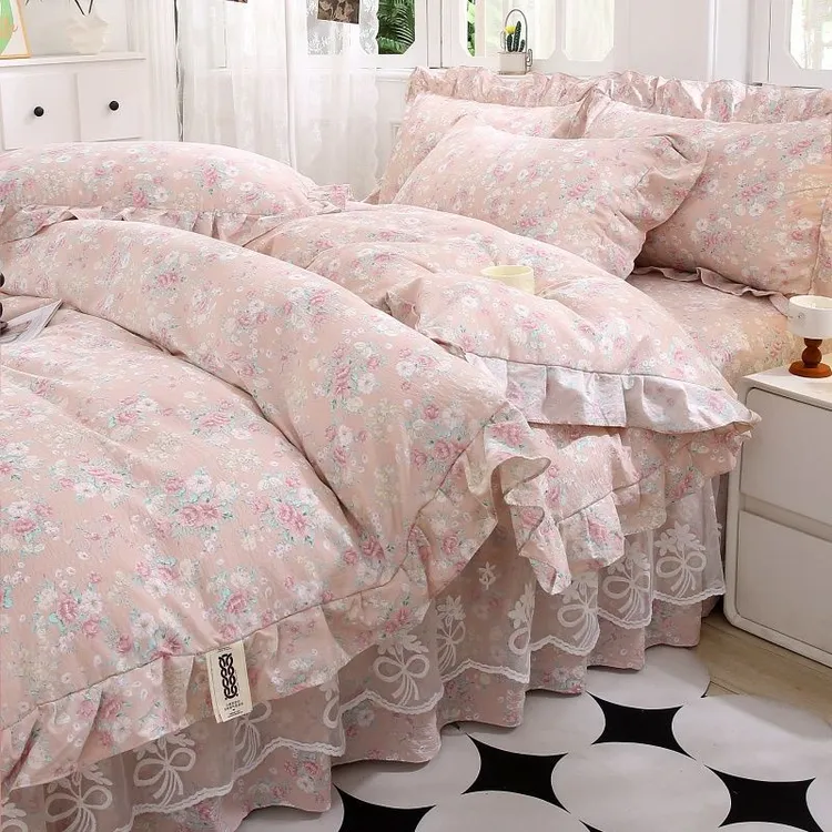 A类双层纱提花四件套高档100%纯水洗棉床裙单件柔软防滑女三件套