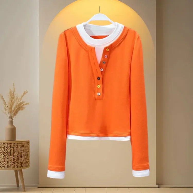 2025撞色拼接假两件打底衫女春秋新款洋气时髦内搭修身显瘦短上衣