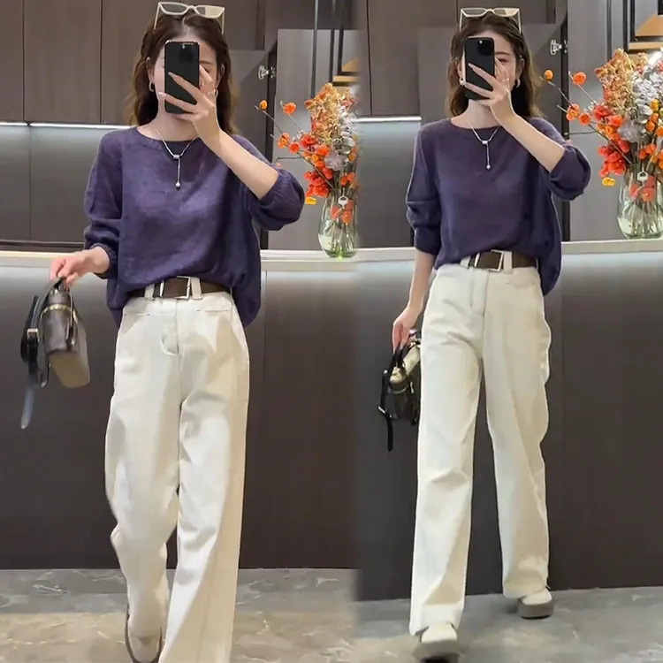 法式慵懒风减龄套装女2025春秋新款紫色长袖针织毛衣阔腿裤两件套