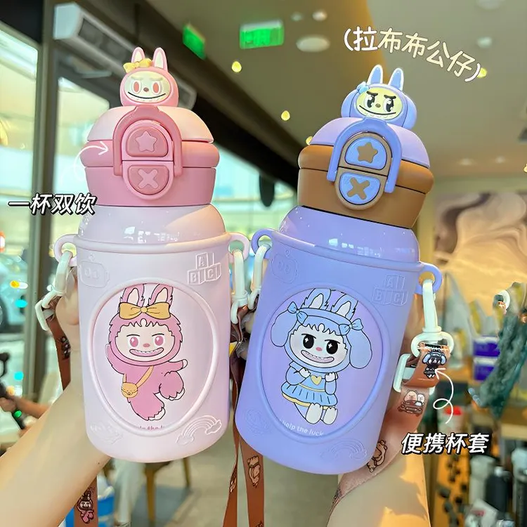 新款潮流拉布布公仔316不锈钢双饮保温杯儿童壶学生上学必备水杯