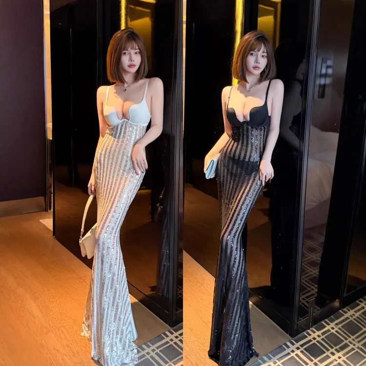 透视礼服性感吊带亮片网纱长裙夜场酒吧走秀演出服夜店自带文胸裙
