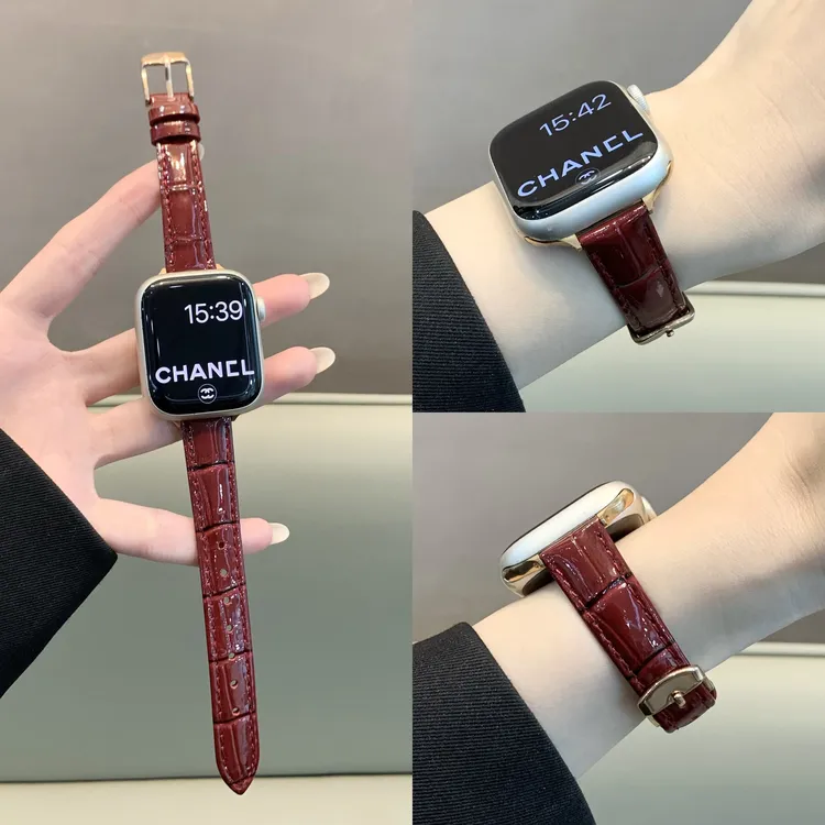 适用s11苹果手表iwatch10表带舒适细款亮面竹节皮质applewatch98