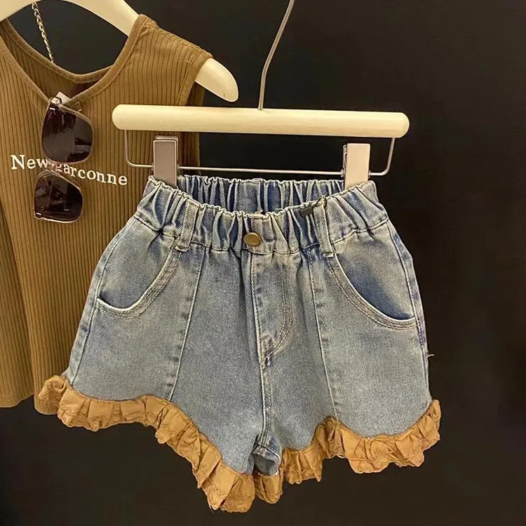 女童网红夏装两件套23洋气字母百搭背心时尚撞色牛仔短裤套装