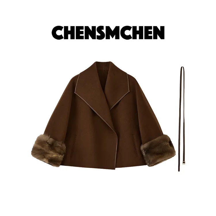 【CHENSMCHENxJCSO】大翻领羊毛拼接水貂红咖双面呢大衣CdSD11003NL