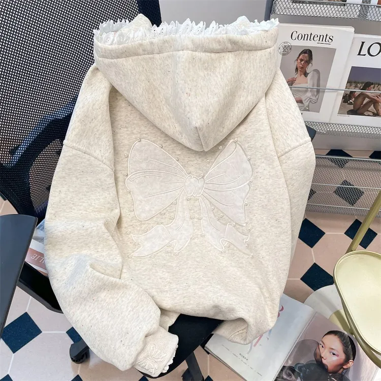 蝴蝶结刺绣蕾丝拼接卫衣男女别致个性连帽开衫情侣外套大码300斤
